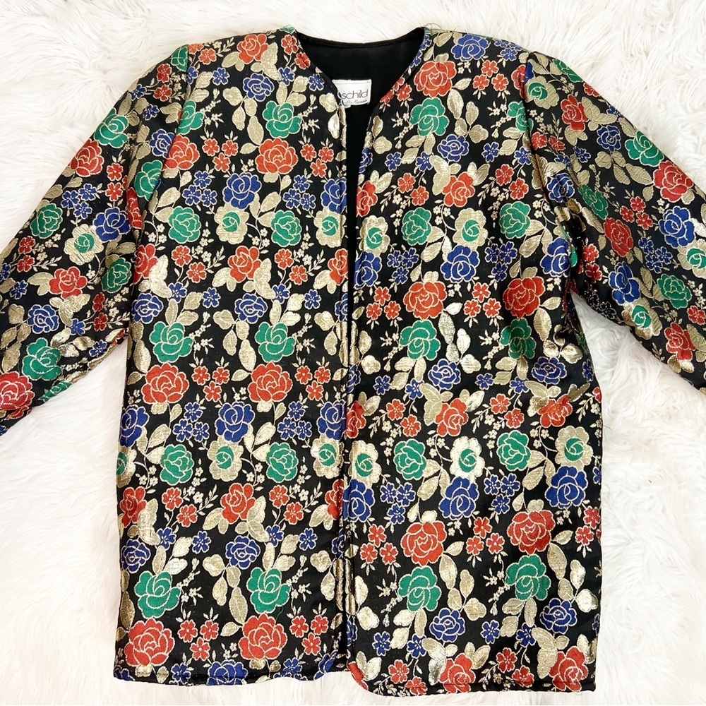 L ROTHSCHILD BLACK GOLD GREEN EMBROIDERED FLORAL VINTAGE BROCADE JACKET MEDIUM